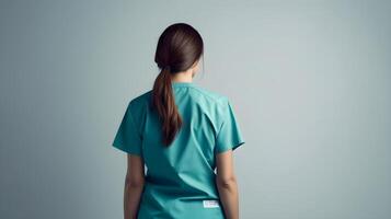 ai généré une infirmière dans uniforme fournir se soucier, isolé sur une calme lumière gris. ai généré photo