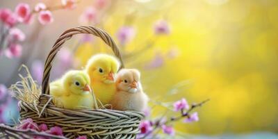 ai généré adorable des boules de poils, poussins niché dans une panier, capturé dans une brillant et coloré photo, rayonnant chaleur et applaudir. photo