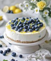 ai généré citron myrtille crémeux cheesecake surmonté avec citron zeste et Frais myrtilles photo