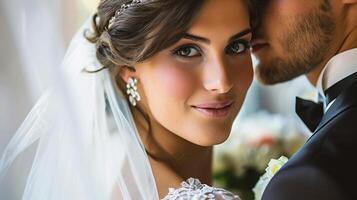 ai généré la mariée et jeune marié sur leur mariage journée. photo