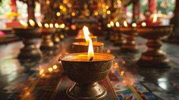 ai généré bougie lumière dans une bouddhiste temple photo