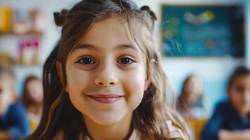 ai généré mignonne peu fille souriant et à la recherche à caméra dans élémentaire école salle de cours photo