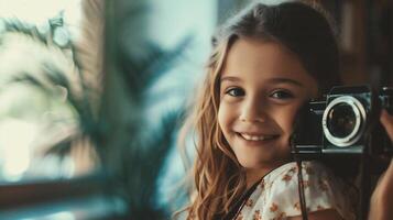 ai généré portrait de une mignonne peu fille en portant une caméra et souriant. photo