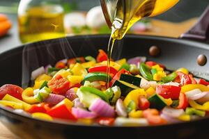 ai généré rôti des légumes avec olive pétrole dans friture poêle, fermer vue photo