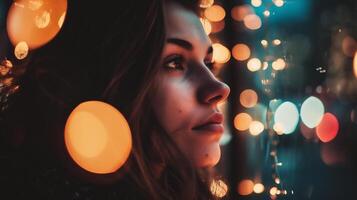 ai généré portrait de une magnifique Jeune femme dans le ville à nuit avec bokeh lumières photo