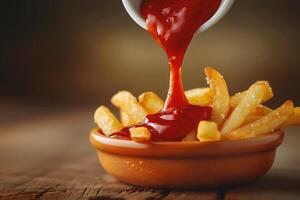 ai généré français frites avec ketchup, proche en haut. sélectif se concentrer. photo