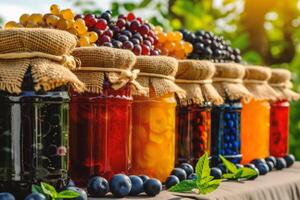 ai généré variété de confitures dans verre pots sur table dans vignoble. photo