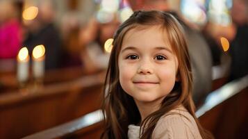 ai généré portrait de mignonne peu fille dans église, peu profond profondeur de champ photo