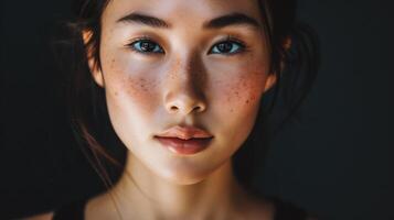 ai généré portrait de une magnifique Jeune femme avec taches de rousseur sur sa visage photo