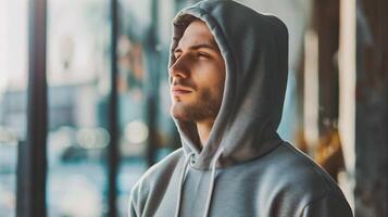 ai généré portrait de une Jeune homme dans une gris sweat à capuche dans le ville photo