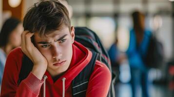 ai généré portrait de fatigué adolescent garçon séance dans couloir de école ou Université photo