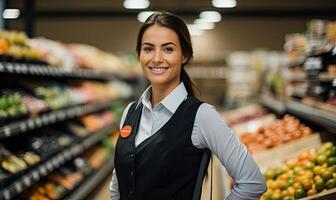 ai généré une femme achats pour Frais produire dans une occupé épicerie boutique photo