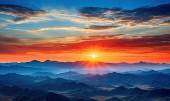 ai généré le majestueux le coucher du soleil moulage une d'or lueur sur le Montagne pics photo