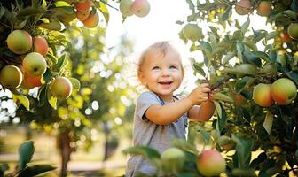 ai généré peu fille récolte Frais pommes sous une épanouissement fruit arbre photo