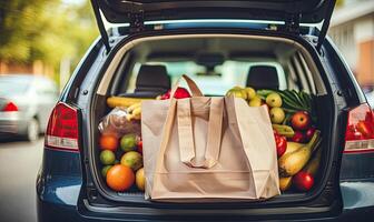 ai généré une coloré assortiment de Frais des fruits dans le tronc de une voiture photo