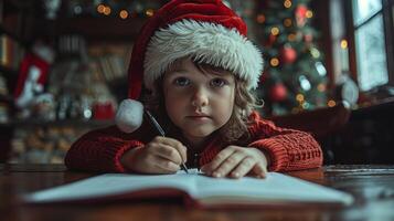 ai généré une garçon portant une Père Noël chapeau écrit sur une pièce de papier à une table photo