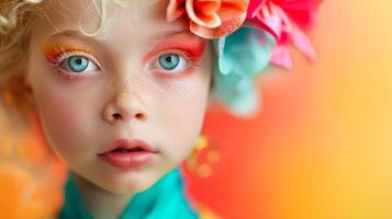 ai généré fermer, jolie visage de une magnifique enfant fille avec multi couleurs vif maquillage sur minimal arrière-plan, génératif ai photo