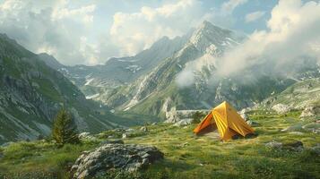 ai généré camp dans montagnes. tente, montagne, randonnée, randonnée, tourisme, voyage, nature, paysage, fond d'écran, arrière-plan, Extérieur, aventure, loisirs, vacances, randonnée, forêt photo