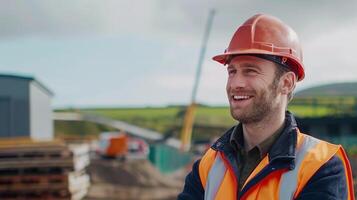 ai généré homme ingénieur sur site portant difficile chapeau, haute Vis gilet, et ep. construction, sécurité, professionnel photo