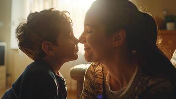 ai généré affectueux mère émouvant nez avec sa fils. affection, aimer, maman, enfant, enfant, mère journée photo