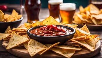 ai généré mexicain Nachos frites avec ketchup et Bière photo