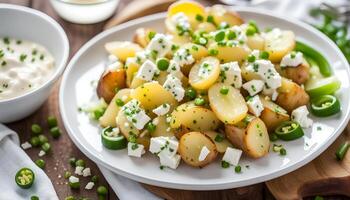 ai généré fait maison gros Patate salade avec printemps oignons Scallion, citron zeste, poivre, feta fromage et moutarde yaourt sauce photo