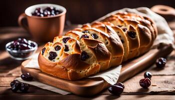 ai généré raisin pain sur une en bois tableau. photo