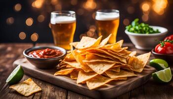 ai généré mexicain Nachos frites avec ketchup et Bière photo