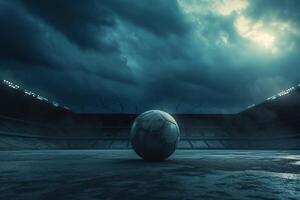 ai généré fermer de vieux football Balle dans le stade dans le soir lumière, génératif ai photo