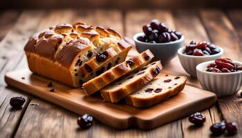 ai généré raisin pain sur une en bois tableau. photo