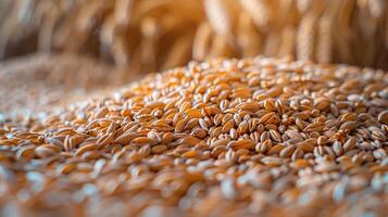 ai généré céréales de blé contre le toile de fond de le coucher du soleil lumière photo