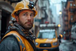 ai généré portrait de une ouvrier dans un Orange casque et une réfléchissant gilet sur le Contexte de le ville rue photo