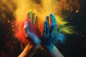 ai généré coloré peindre poudre déversements dans différent directions de le applaudir de mains, saint Festival dans Inde photo