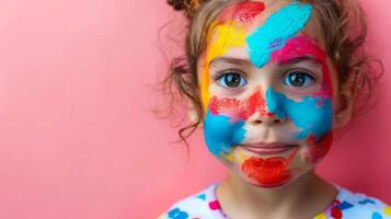 ai généré fermer, jolie visage de une magnifique enfant fille avec multi couleurs vif maquillage sur minimal arrière-plan, génératif ai photo