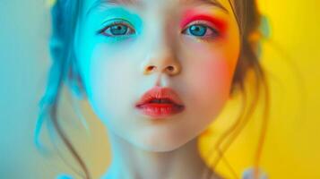 ai généré fermer, jolie visage de une magnifique enfant fille avec multi couleurs vif maquillage sur minimal arrière-plan, génératif ai photo