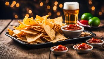 ai généré mexicain Nachos frites avec ketchup et Bière photo