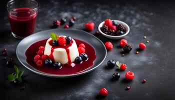 ai généré panna cotta avec rouge baie sauce sur une foncé Contexte. photo