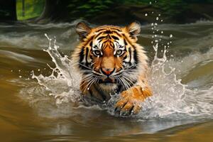 ai généré fermer portrait de une tigre en marchant gracieusement par rivière, génératif ai photo