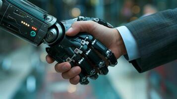 ai généré robot poignée de main avec humain, futur affaires Partenariat concept, génératif ai photo
