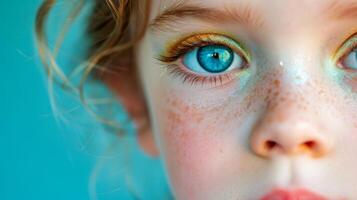 ai généré fermer, jolie visage de une magnifique enfant fille avec multi couleurs vif maquillage sur minimal arrière-plan, génératif ai photo