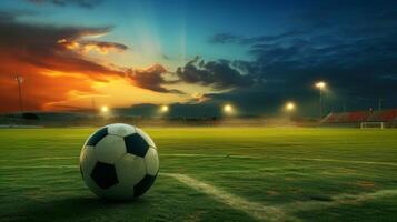 ai généré fermer de football Balle dans le stade dans le soir lumière, génératif ai photo