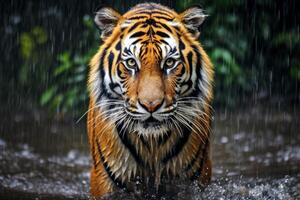 ai généré fermer portrait de une tigre en marchant gracieusement par rivière, génératif ai photo