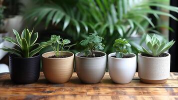 ai généré assortiment de plantes d'intérieur dans céramique des pots sur en bois surface photo