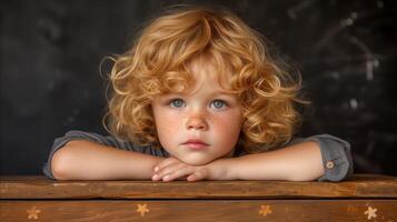 ai généré portrait de une pensif enfant avec frisé cheveux repos menton sur mains photo