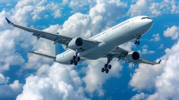 ai généré commercial avion en volant dans bleu ciel avec duveteux des nuages photo