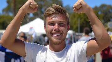 ai généré de bonne humeur Jeune homme célébrer la victoire à Extérieur un événement photo