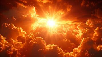 ai généré spectaculaire d'or lever du soleil avec rayons de soleil perçant par majestueux des nuages photo