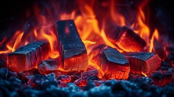 ai généré intense flammes engloutissant carbonisé bois journaux dans une embrasé cheminée photo