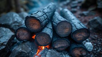 ai généré carbonisé journaux dans actif feu de camp fermer dans Extérieur réglage photo