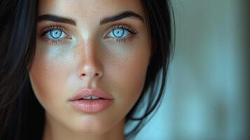 ai généré fermer portrait de Jeune femme avec frappant bleu yeux et taches de rousseur photo